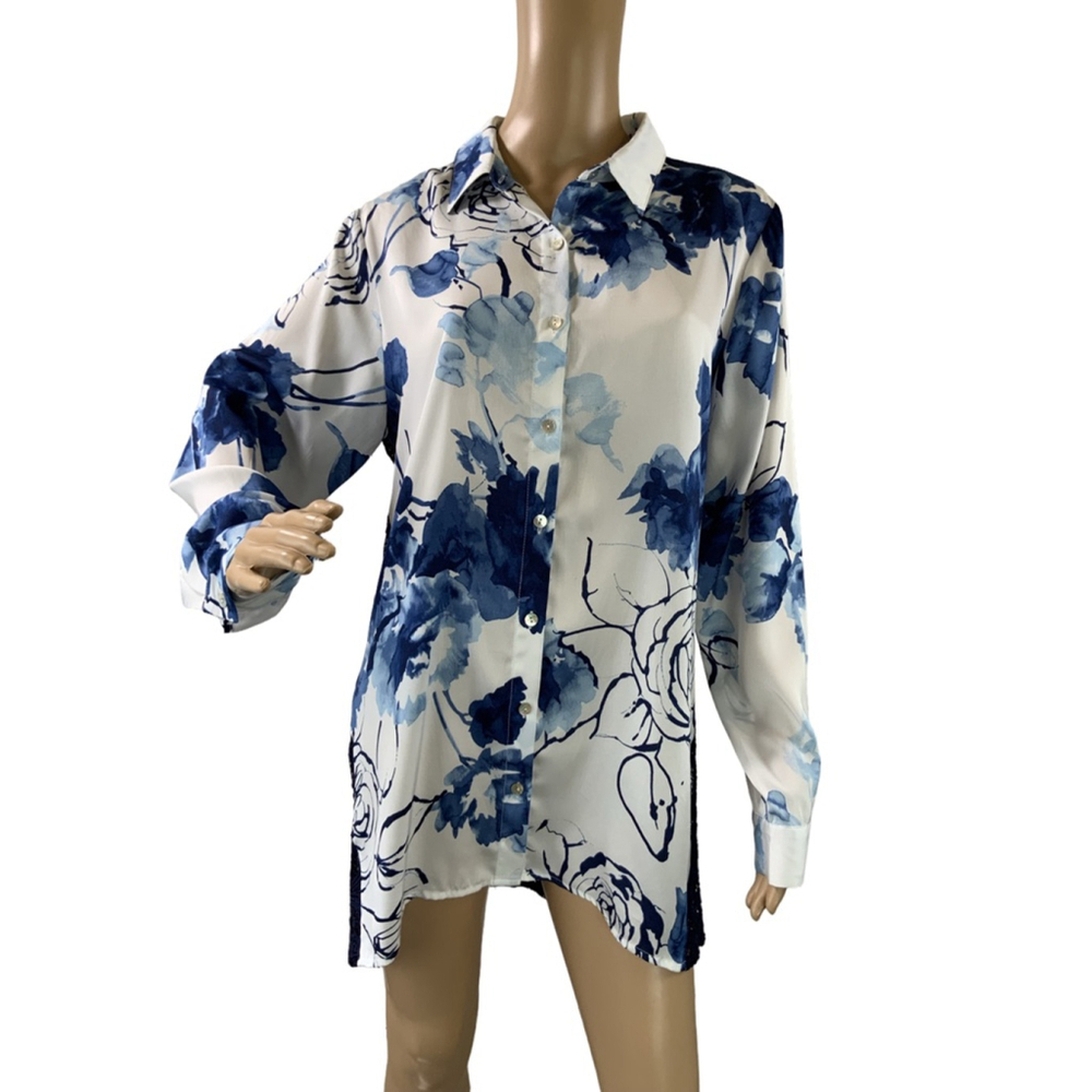 Dennis Basso Floral Button-Up Shirt Sz Med White/Blue Lace Back Eclectic Grandpa - Picture 2 of 11